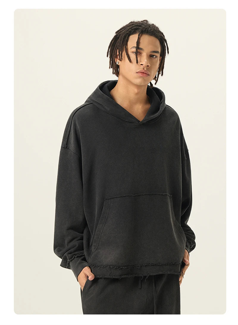 ZODF Retro Winter Men Washed 100% Cotton Boxy Hoodies Unisex Loose Fit Distressed Hooded Pullovers Coats Brand Outfits HY0048