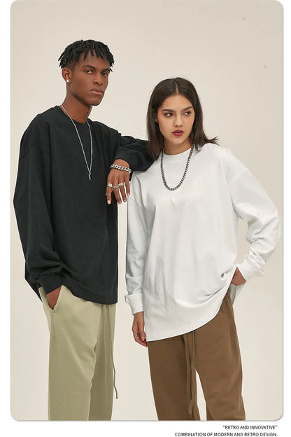 ZODF New 2025 Autumn Men 305gsm 100% Cotton T Shirt Unisex Loose Heavy Weight Basic Long Sleeve Solid T-Shirts Tops HY0634