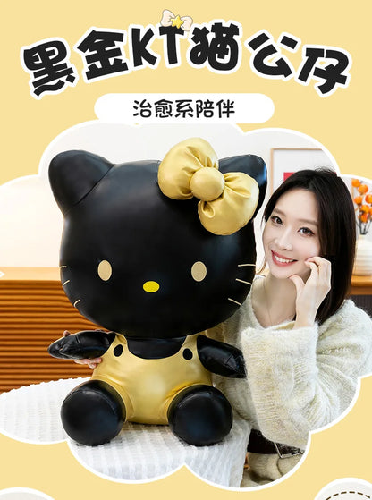 Cute Hello Kitty Plush Toy Black Gold Leather Cute Stuffed Animal Doll Kids Birthday Xmas Gift for Girls Plushie Pillow Present