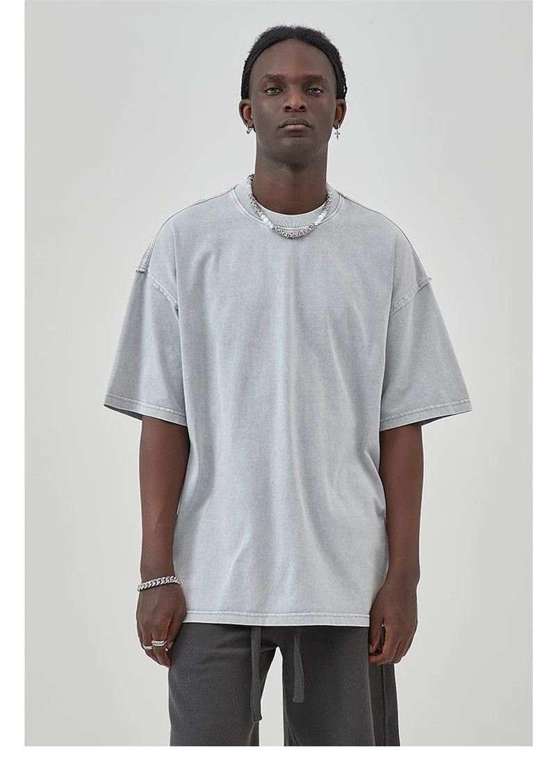 ZODF New Spring Summer Washed Cotton Solid T Shirts For Men Unisex High Street Loose Edge Oversized Noshrink T-Shirt Tee HY0465