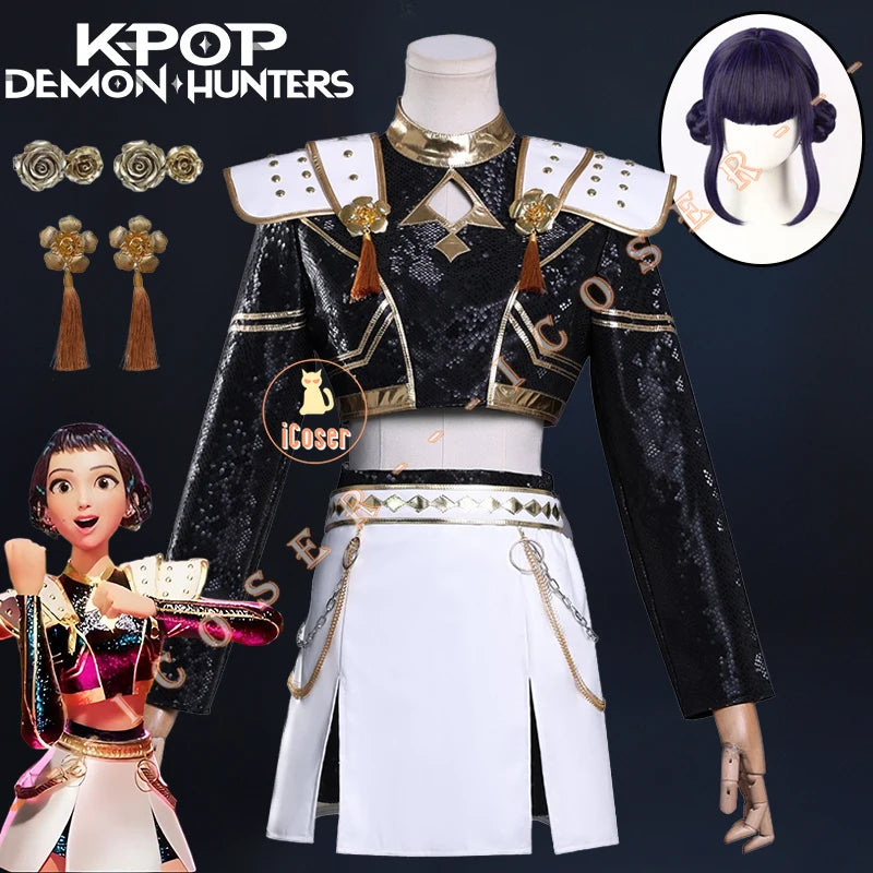 KPop Demon Hunters Zoey Cosplay Costume Black Gold Skirt Huntrix Golden Outfit Earrings Headwear Halloween Party for Women Girls