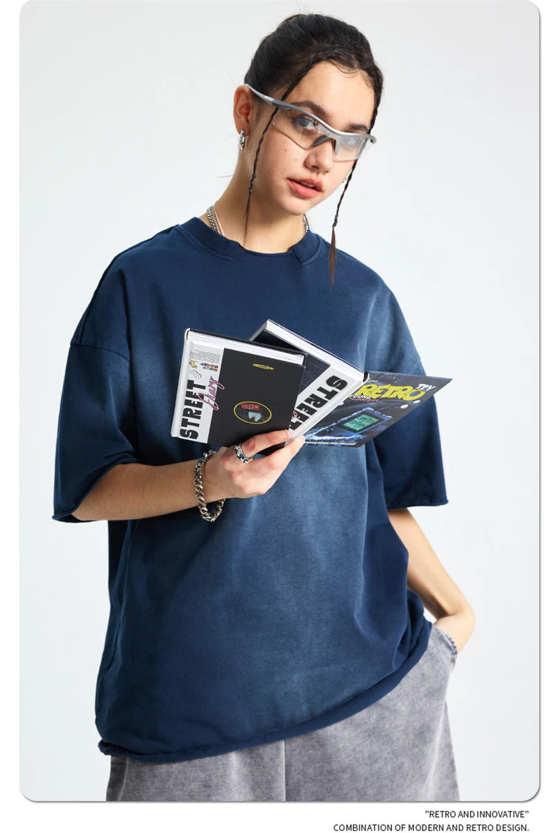 ZODF Retro Summer Men Washed 100% Cotton T-Shirts Unisex High Street Oversized Distressed Broken Neck T Shirt Brand Tees HY1050