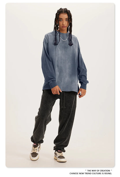 ZODF Retro Monkey Washed 260gsm Cotton T-Shirt For Men Unisex High Street Loose Full Sleeve T Shirt Brand Streetwear HY0406