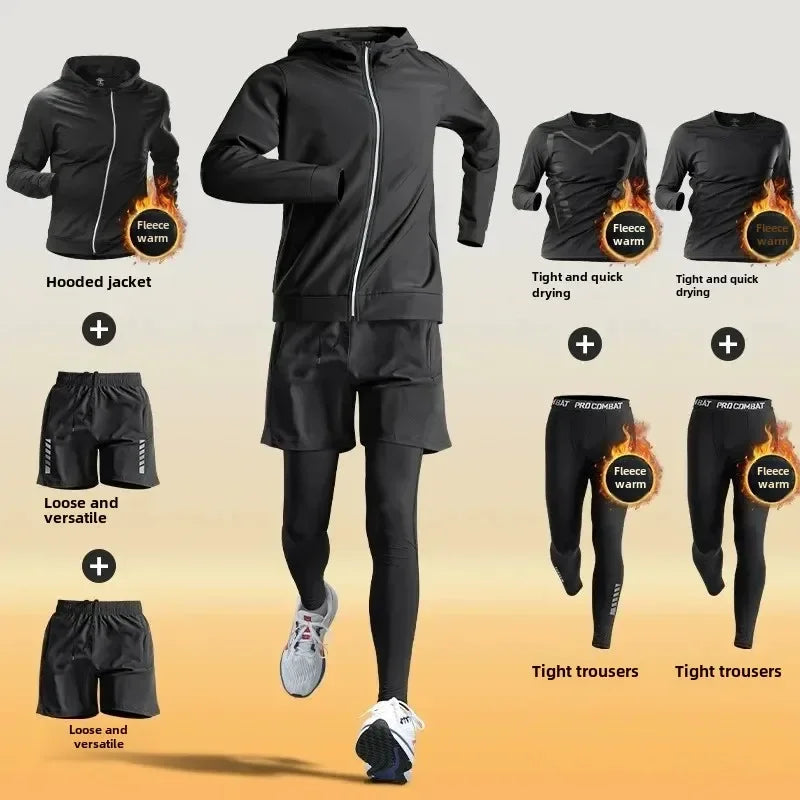 Men’s Winter Fleece-Lined Quick-Dry Warm-Up Sports Set for Running Cycling Fitness Training - 7-pcs set / XXXL