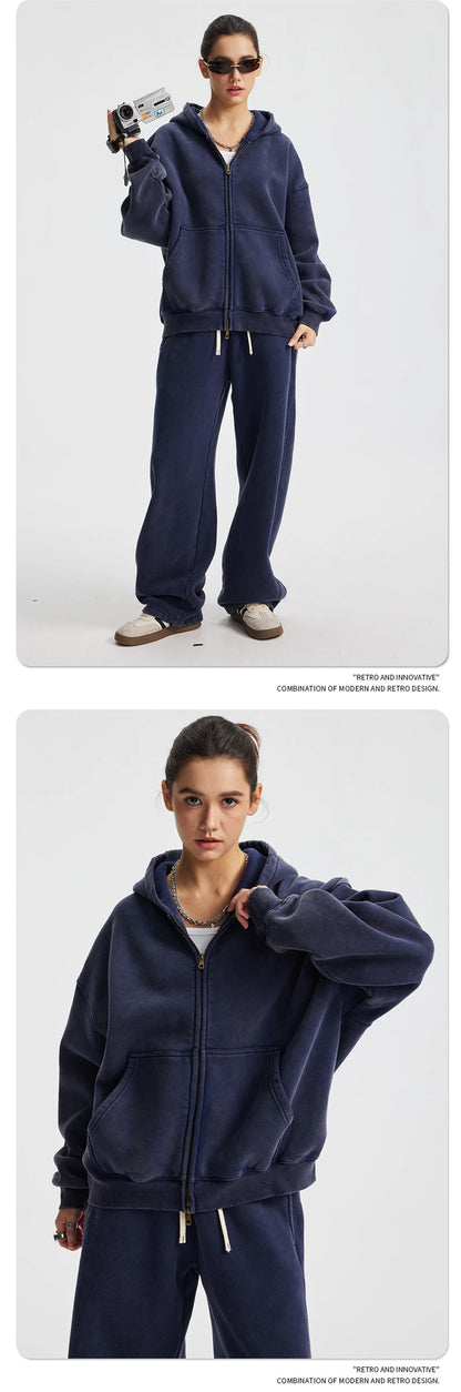 ZODF New 2025 Winter Man's Fleece Zipper Hoodies Unisex Retro 370gsm Loose Boxy Batik Washed Hooded Coats Sweatshirts HY1164