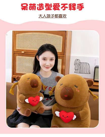 Capybara Plush Toy Cute Ugly Charming Love Heart Hair Braid Pillow Stuffed Animal Kids Birthday Christmas Gift for Children