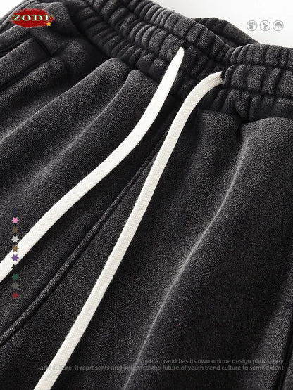 ZODF Vintage Men 360gsm Thick Fleece Sweatpants Women Unisex Loose Washed Distressed Warm Joggers Pants For Winter HY0749