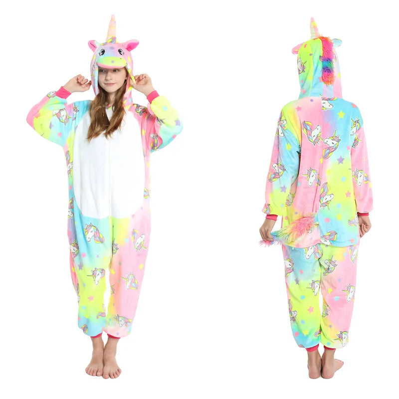 Kigurumi Kids Unicorn Fox Pajamas Winter Soft Warm Toddler Boy Jumpsuit Teen Girl Pijamas Zipper Hooded Animal Cosplay Costumes