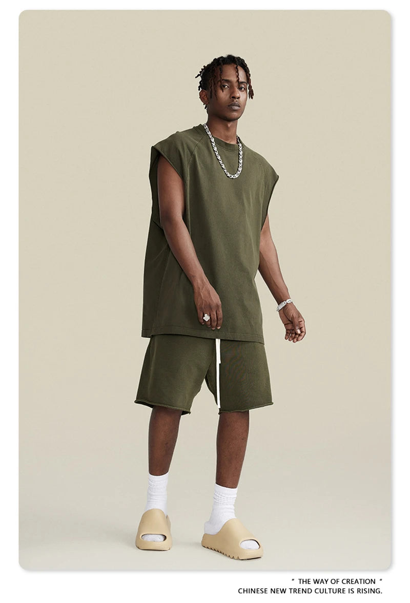 ZODF American Retro Men Washed Solid Tank Tops Women Unisex Loose Edge 275gsm Cotton Sleeveless Tees Brand Streetwears HY0503