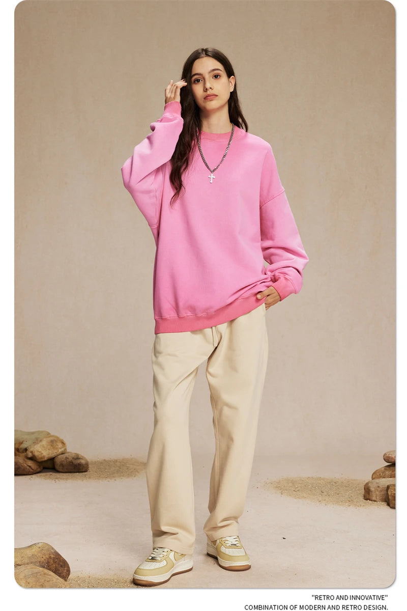 ZODF 2024 Autumn Men's Washed Sweatshirt Unisex Women Retro Solid 430gsm Terry Cotton O Neck Pullovers Coat HY0880