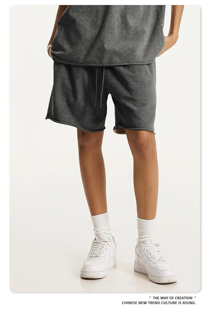 ZODF New 2025 Men Summer Loose Edge Washed Cotton Shorts Unisex Retro High Street Distressed 330gsm Shorts Brand Clothes HY1056