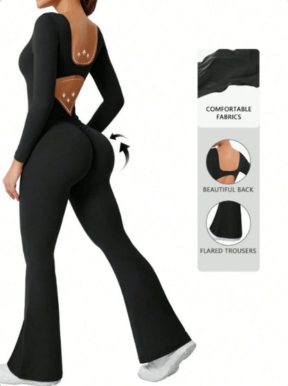 High Quality Solid Color Long Sleeve Compression Jumpsuit with Bell Bottom Pants Women’s Yoga Sportswear Push Up Set