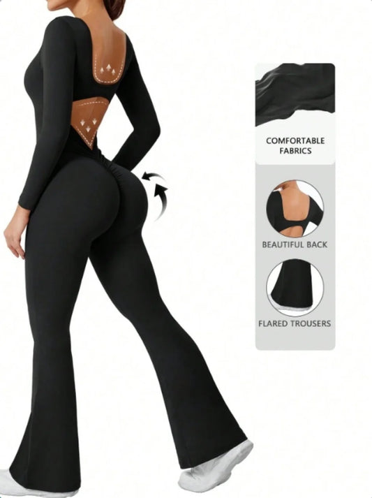 High Quality Solid Color Long Sleeve Compression Jumpsuit with Bell Bottom Pants Women’s Yoga Sportswear Push Up Set
