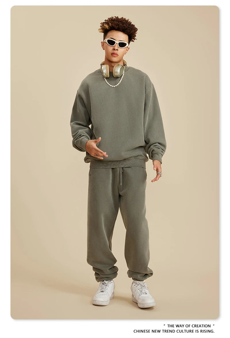 ZODF New Men Winter 355gsm Washed Fleece Sweatshirts Retro Unisex Oversized Solid O-Neck Warm Pullovers Coat Streetwears HY0639