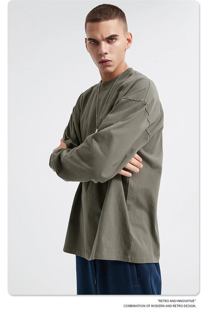 ZODF Retro Autumn Full Sleeve Washed 100% Cotton T-Shirts For Men Unisex Solid Casual Loose 310gsm Tee Brand Tops HY0405