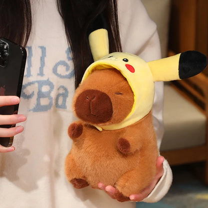 Capybara Soft Doll Cute Stuffed Capibara Anime With Pikachu Stitch Kuromi Hat Toy Kawaii Plushie Xmas Gift for Girl Friend