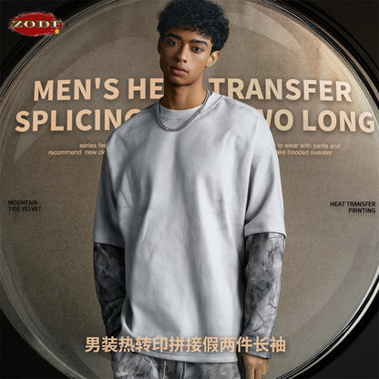 ZODF 2025 Autumn 340gsm Fake 2-Piece T-Shirt For Man Unisex Oversized Heat Transfer Printing Long Sleeve T Shirts Tee HY1151