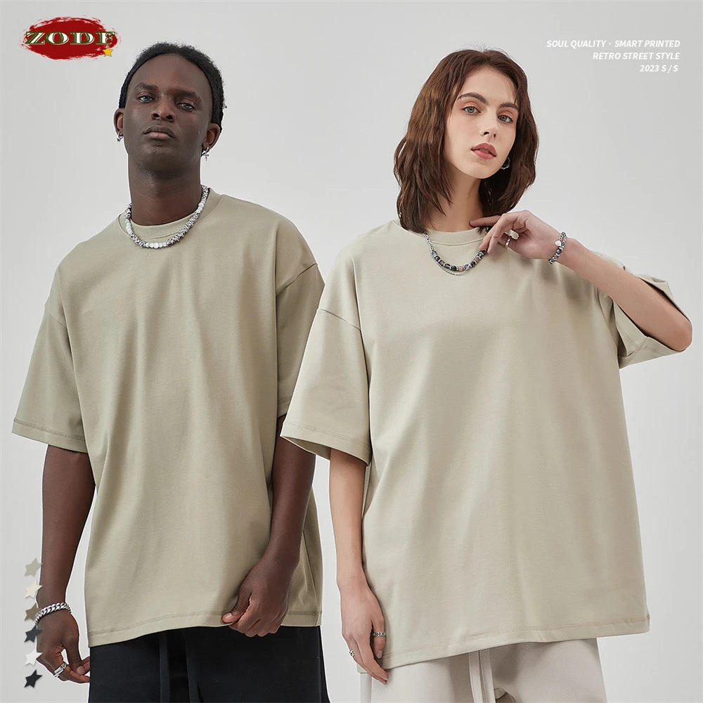 ZODF New 2025 Heavy Weight Summer Solid T Shirts For Men Unisex High Street Oversized 385gsm Cotton T-Shirt Streetwears HY0497