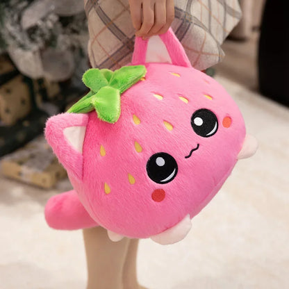 Kawaii Strawberry Cat Plush Toy Cute Pink Cat Stuffed Animal Cuddly Doll Soft Cartoon Plushies Birthday Gift for Girl Home Decor