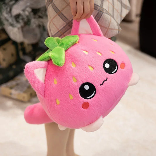 Kawaii Strawberry Cat Plush Toy Cute Pink Cat Stuffed Animal Cuddly Doll Soft Cartoon Plushies Birthday Gift for Girl Home Decor