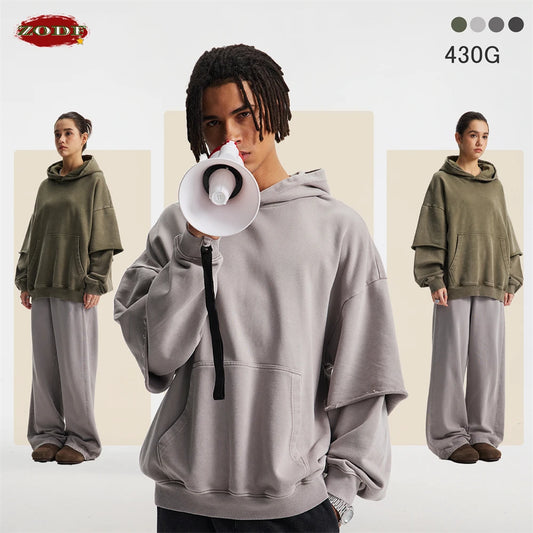 ZODF New Autumn Men's Washed Heavy Weight Cotton Hoodies Unisex Retro Fake 2 Peice 430gsm Loose Edge Hooded Pullovers HY1082