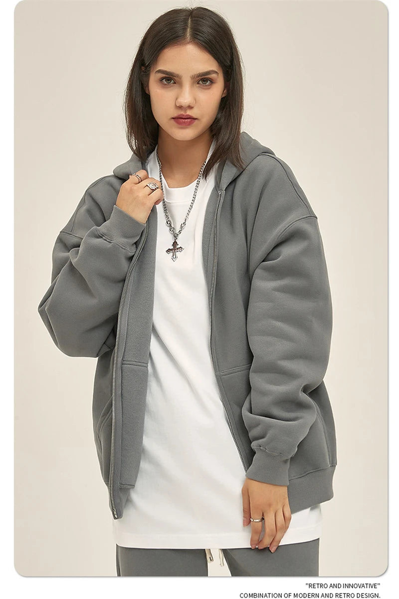 ZODF New Men Double Headed Zipper Fleece Hoodies Unisex Loose Basic Solid Warm Hooded Sweatshirts Coats For Winter HY0633