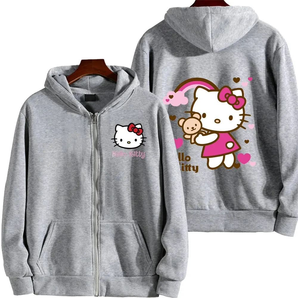 Women's Zipper Hoodie Autumn and Winter New Cute Kawaii Sanrio Hello Kitty Pattern Sweatshirt 2024 Streetwear Women's Clothing