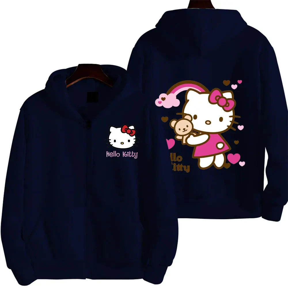 Women's Zipper Hoodie Autumn and Winter New Cute Kawaii Sanrio Hello Kitty Pattern Sweatshirt 2024 Streetwear Women's Clothing