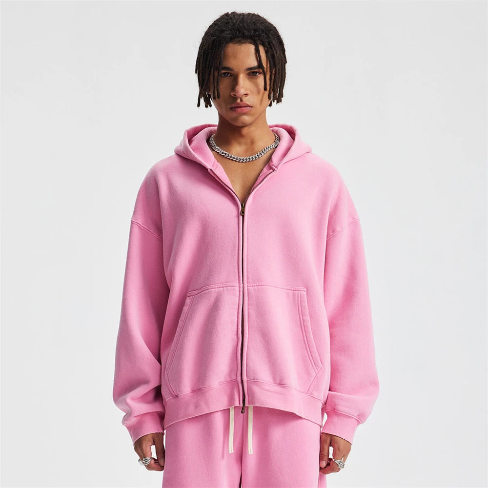 ZODF New 2025 Winter Man's Fleece Zipper Hoodies Unisex Retro 370gsm Loose Boxy Batik Washed Hooded Coats Sweatshirts HY1164