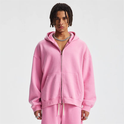 ZODF New 2025 Winter Man's Fleece Zipper Hoodies Unisex Retro 370gsm Loose Boxy Batik Washed Hooded Coats Sweatshirts HY1164