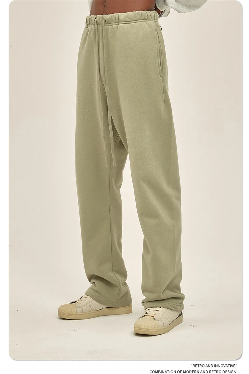 ZODF Fashion 2024 Men Loose Straight Pants Unisex 365gsm Retro Comfortable Sport Solid Drawstring Trousers HY0588