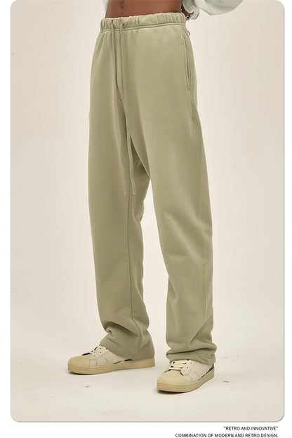 ZODF Fashion 2024 Men Loose Straight Pants Unisex 365gsm Retro Comfortable Sport Solid Drawstring Trousers HY0588