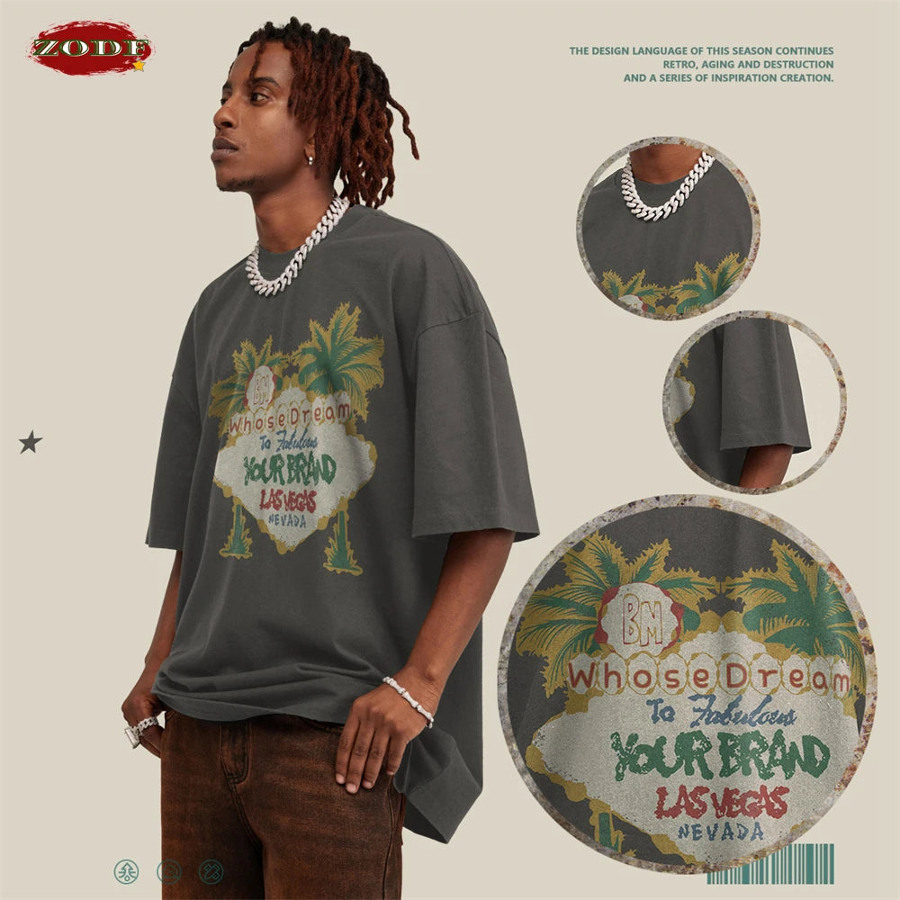 ZODF New Men High Street Washed T-Shirts Unisex Loose Tree Printing 285gsm Cotton O Neck T Shirt For Summer HY0512