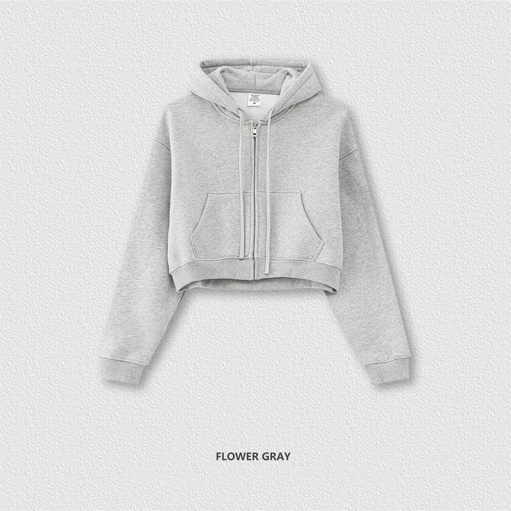 ZODF 2024 Winter Women Zipper Crop Hoodies Female Girls Solid 345gsm Warm Fleece Short Hooded Zip-Up Coat HY0911