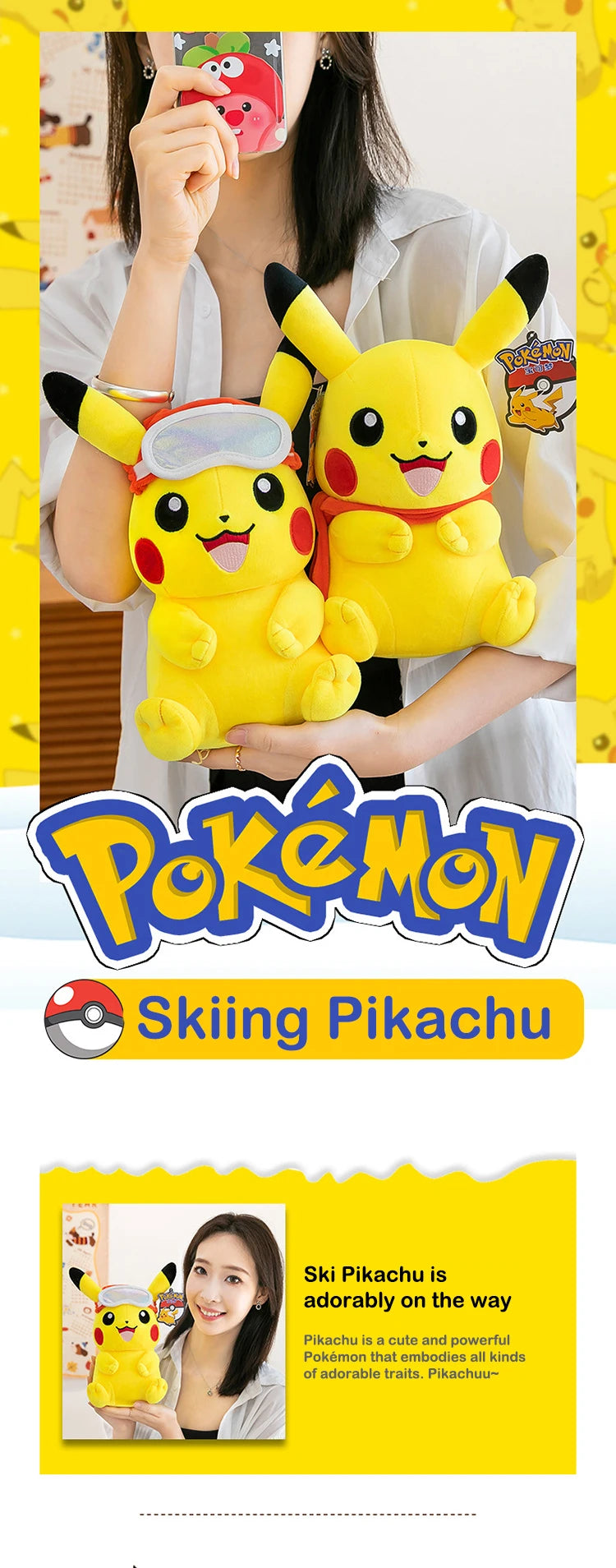 Pokemon Pikachu Plush Toys Anime Pokémon Plushie Dolls 25cm Kawaii Stuffed Pillow Skiing Pikachu Christmas Gifts for Childrens