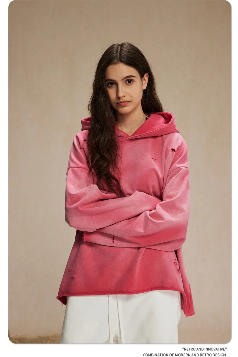 ZODF New Autumn Winter Men Monkey Washed Hoodies Unisex Disstressed Ripped Heavyweight Knitted 450gsm Hooded Pullovers HY0909