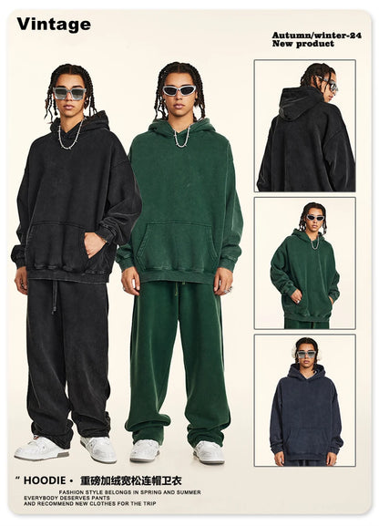 ZODF Retro Men’s Winter Washed Fleece Hoodie 360gsm Warm Knitted Loose Hooded Pullover Streetwear HY0887