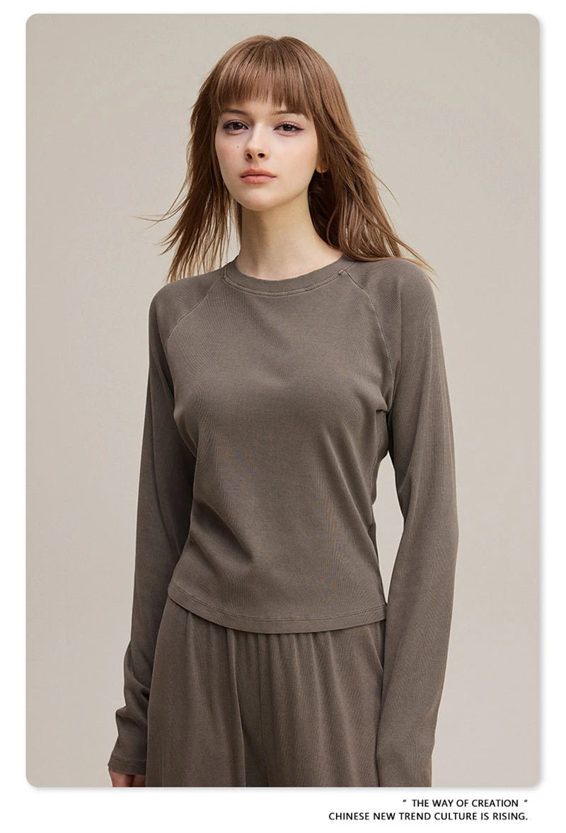 ZODF Sexy Autumn Washed 275gsm Full Sleeve T Shirt For Women Ladies Girls Slim Fit Distressed T-Shirts Tops HY1145