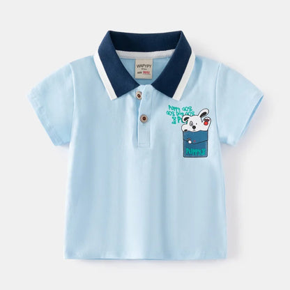 80-130cm Kids Polo Shirts 3 to 4 Year Boy Clothes Cotton Short Sleeve Children's Shirt Blue Dino Bunny Print Tops Summer T-shirt