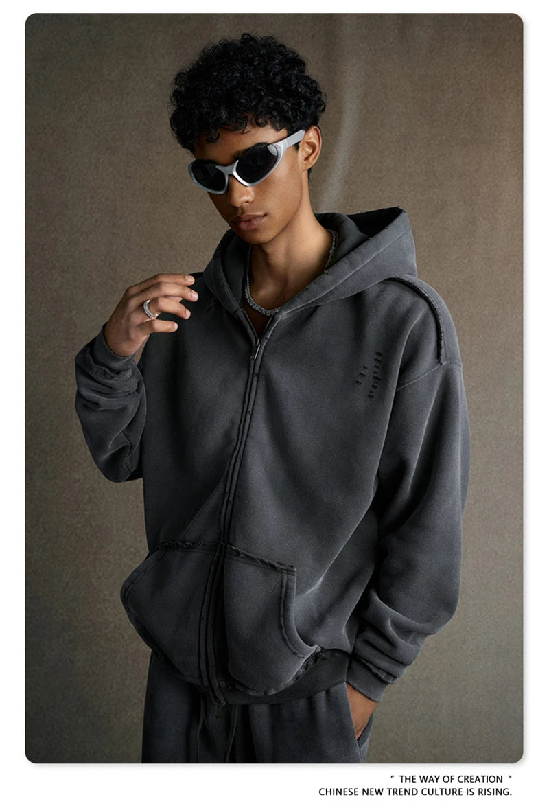 ZODF Retro Winter Men 400gsm Monkey Washed Zipper Hoodie Unisex High Street Loose Edge Ripped Distressed Hooded Pullovers HY1117