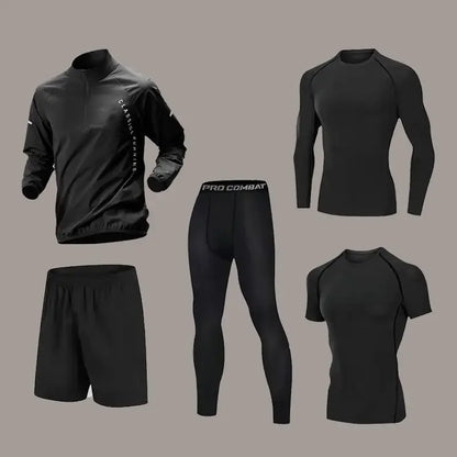 Men’s Quick-Dry Autumn Long-Sleeve Zipper Sports Set for Running Cycling Gym and Training - 5Black / XXL