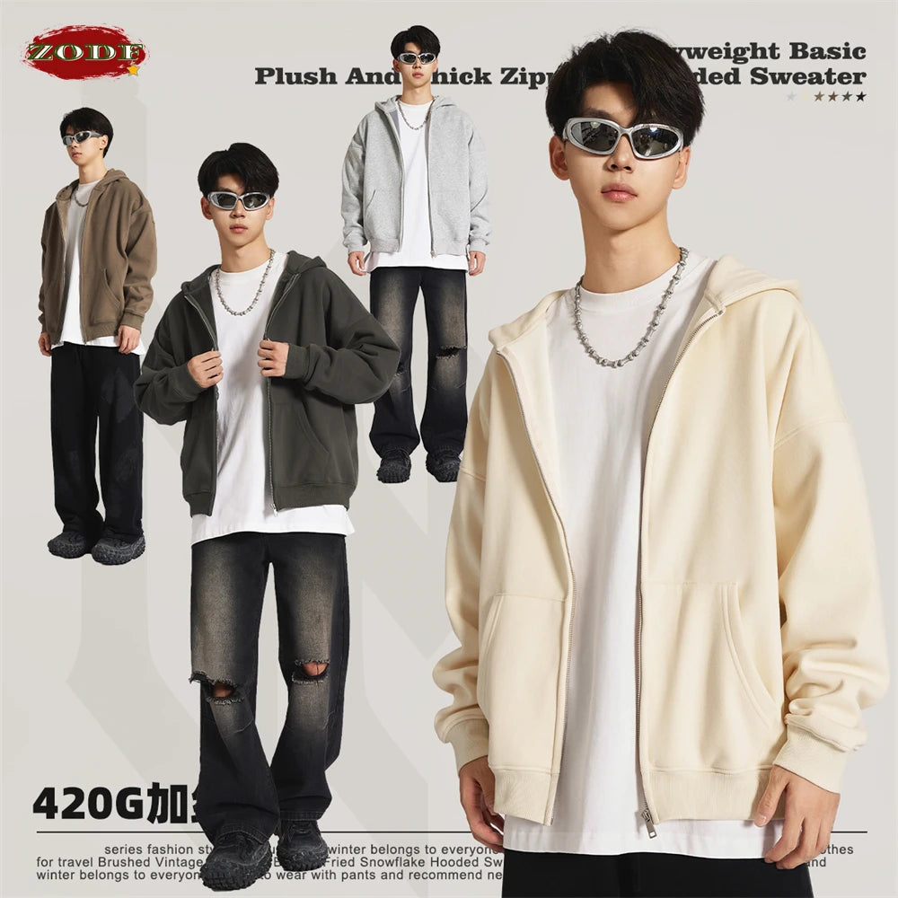 ZODF New Winter Men Zipper Fleece Hoodies Unisex Loose Heavy Weight Thick Warm Basic 420gsm Hooded Coats Hoodie HY0747