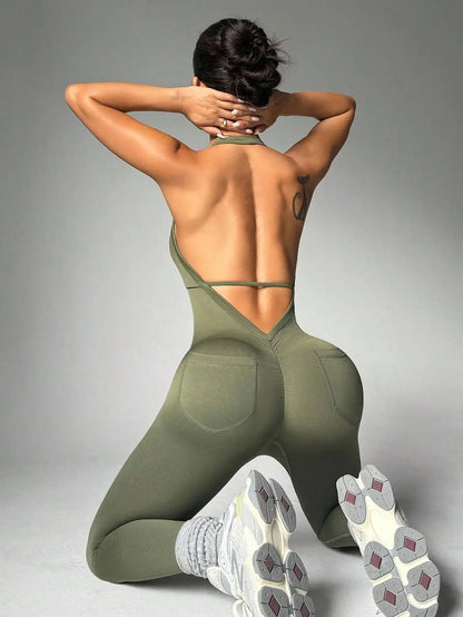 Women’s Seamless Elastic Vest-Style Sports Jumpsuit with Pocket - Solid Color