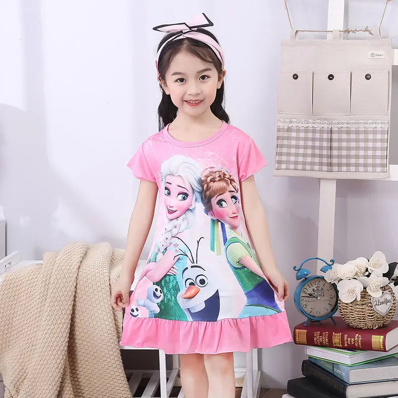 Girls Night Dress Summer Cartoon Snow White Frozen Princess Elsa Mermaid Print Toddler Girl Nightgown for Teens