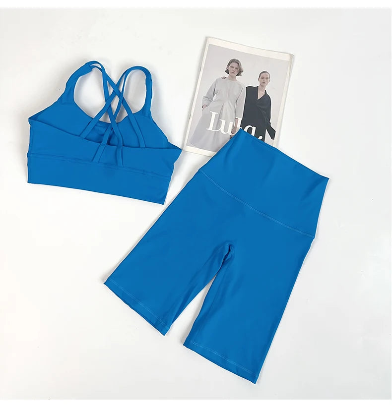 2 Pieces Yoga Shorts Gym Sports Sets Women Fitness Suits Cross Back Bra Top High Waist Shorts Running Workout Clothes Tracksuit