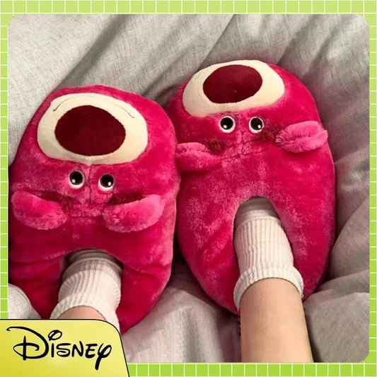 Disney Winter New Cute Cartoon Strawberry Bear Adult Home Cotton Shoes Indoor Floor Plush Warm Cotton Slippers Gift For Girls