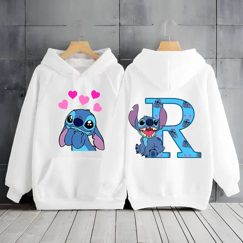 2025 Women's Winter Jacket Cute Kawaii Disney Lilo & Stitch Lucky Letter Print White Hoodie Fashion Couple Streetwear Sportswear