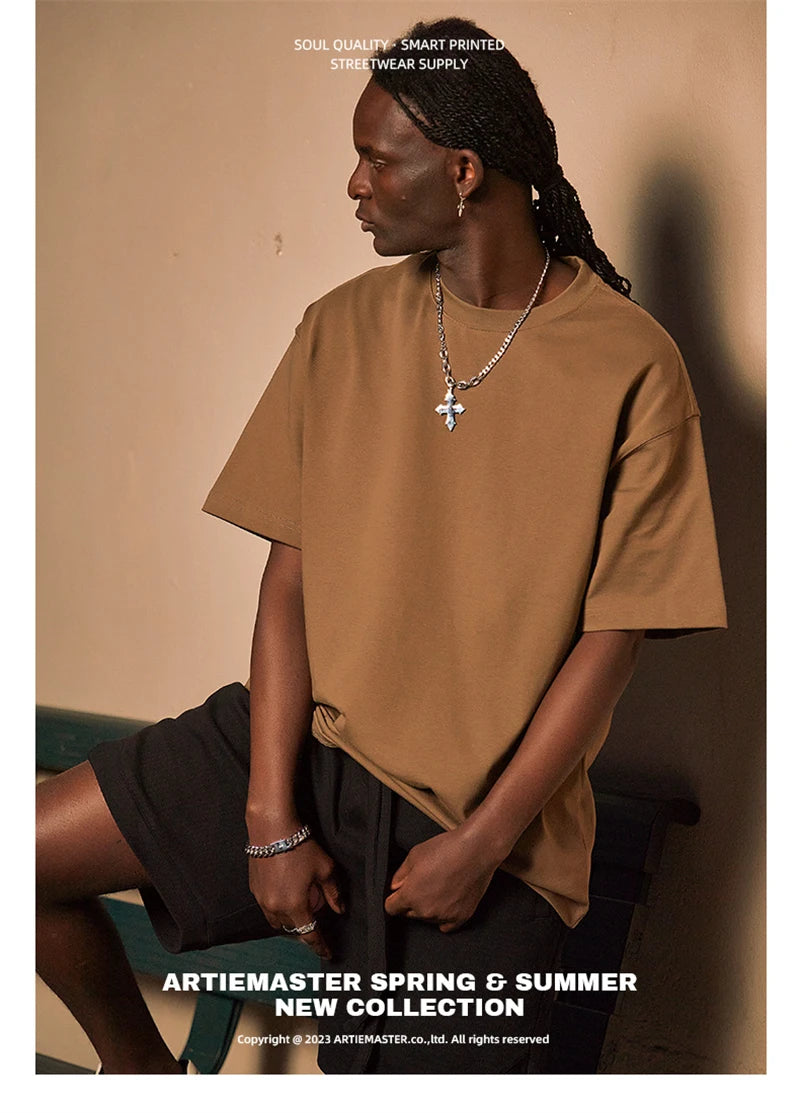 ZODF New Summer Men 100% Cotton Solid T Shirts Unisex High Street Heavy Weight 305gsm Oversized FG Noshrink T-Shirt Tops HY0165