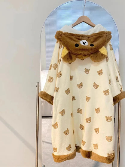Rilakkuma Women'S Fleece-Lined Thickened Robe Coral Fleece Flannel Hooded Home Clothes Warm Nightgowns Casual Wear For Going Out
