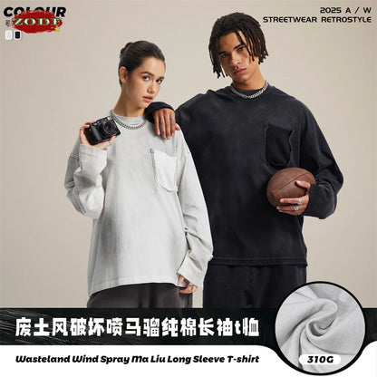 ZODF Retro Man's 325gsm Cotton Full Sleeve T-Shirts Unisex Distressed Wastland Style Monkey Washed T Shirt Tees HY1160